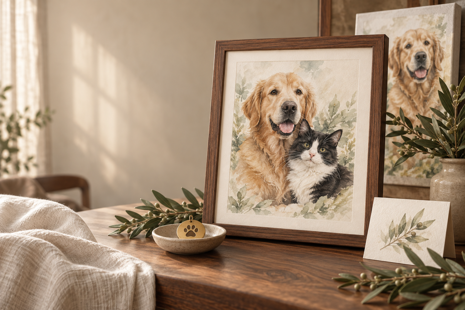 Custom watercolor portrait of a dog and cat in a walnut frame